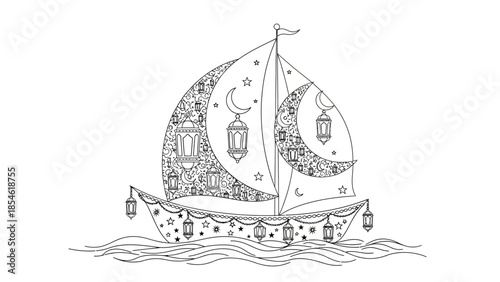 Detailed ramadan themed sailboat illustration featuring crescents, stars, and traditional lanterns