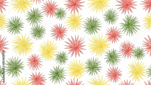 Abstract floral pattern of red yellow and green starbursts on a white background