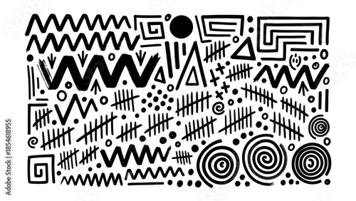 Collection of diverse hand-drawn abstract patterns in monochrome, featuring geometric shapes, tribal motifs, and doodle elements perfect for creative background textures