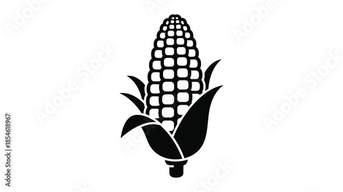 A striking black silhouette of a corn cob with detailed husk and leaves silhouette