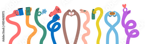 Hand Flexible Long Arm Cartoon with Items Set. Hands Hold Coffee, Heart, Burger, Smartphone, Glass Wine, Megaphone, Flower and Bottle. Funky Vector Illustration