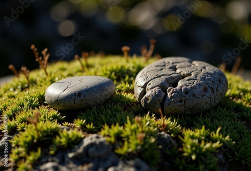 Close-up of two textured stones resting on lush green moss, surrounded by small plants in a tranquil natural setting