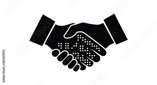 A striking black and white illustration depicts a symbolic handshake focusing on agreement silhouette