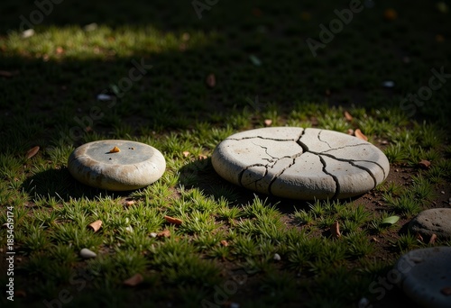 Sunlit Weathered Stones on Lush Grass with a Play of Light and Shadow in a Peaceful Outdoor Setting