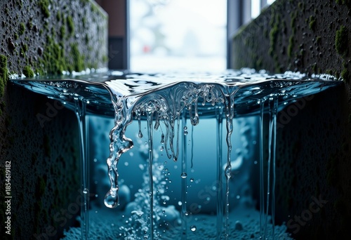 Mesmerizing Close-Up of Turbulent Spillway with Cascading Water and Lush Moss-Covered Stone Edges in Modern Architectural Setting
