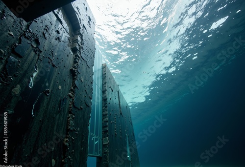 Majestic Underwater Perspective Showcasing Marine Life and Artificial Structures Beneath the Ocean Surface in Serene Aquatic Environment
