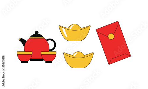 Chinese New Year Tea Set Bundle with Gold Ingots and Red Envelope