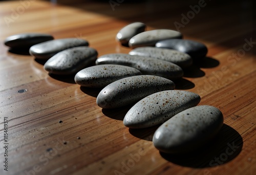 Artistic Arrangement of Smooth Polished River Stones on Wooden Surface Showcasing Natural Beauty and Tranquility in Indoor Setting