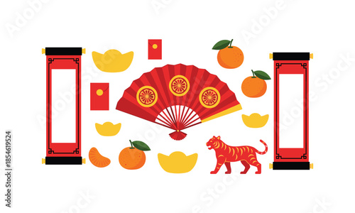 Chinese New Year Set Bundle with Oranges, Gold, Fan, and Tiger Vector