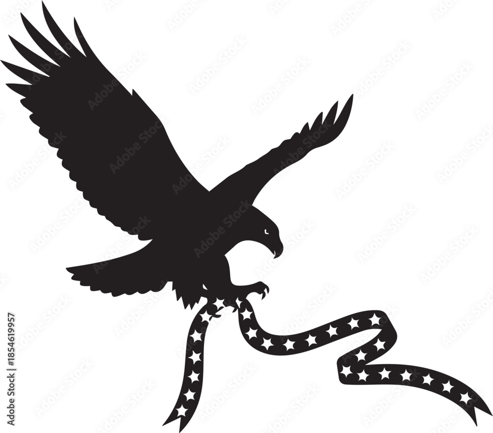 Fototapeta premium Silhouette of an eagle in flight holding a star spangled ribbon