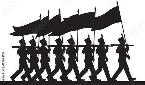 Silhouette of a marching band with flags in formation