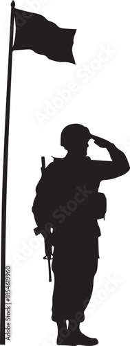 Silhouette of a soldier saluting a flag on a flagpole