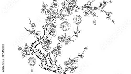 Detailed Line Art Depicting a Blooming Cherry Tree with Hanging Chinese Lanterns