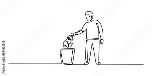 A minimalist continuous line art illustration showing a person throwing garbage into a trash can Vector, illustration