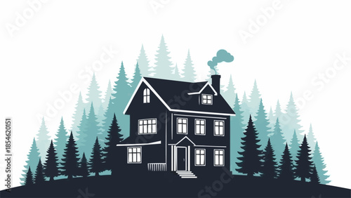 Cozy House in a Forest Setting with Smoke from Chimney.