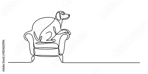 A minimalist one line drawing of a dog sitting elegantly on an armchair Vector, illustration