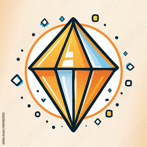 Illustration of a diamond with orange and blue hues, surrounded by a circle and small geometric shapes.