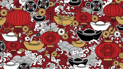 Vibrant chinese new year seamless pattern featuring lanterns gold coins and ingots creating a