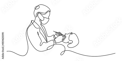 Continuous line drawing of a dentist examining a patient in a medical setting Vector, illustration