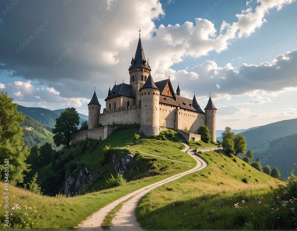 Obraz premium A majestic medieval fortress on a lush, rolling hillside, sunny day