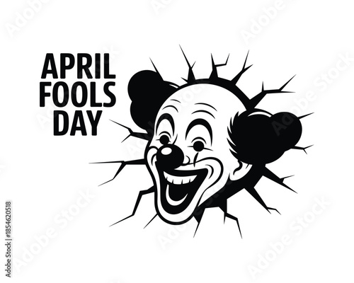 Black and white illustration of a clown for april fools day