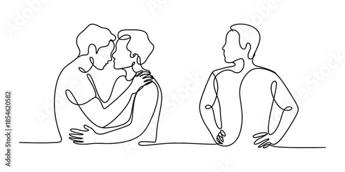 A minimalist continuous line drawing depicting a romantic moment between two men and a third man isolated Vector, illustration