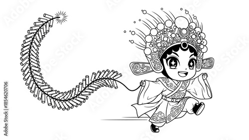 Celebratory chinese new year illustration with opera singer character and firecrackers artwork