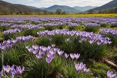 Weite Krokusblüte im Frühling auf einer blühenden Wiese