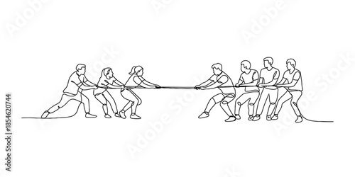 Continuous line drawing of people playing tug of war game illustrating teamwork and competition Vector, illustration