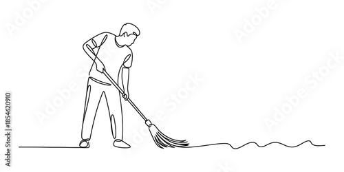 One line art drawing of a man cleaning the floor with a broom Vector, illustration