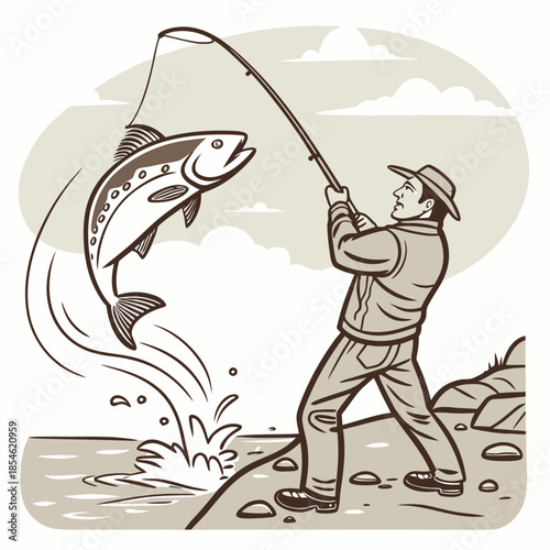 Fisherman catching a trout by the river with outdoor scenery  