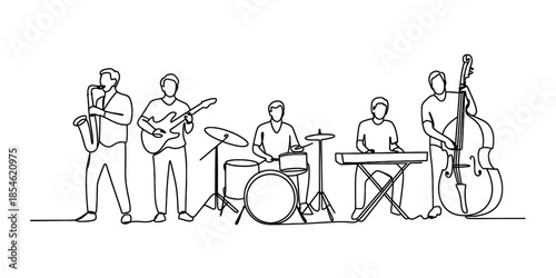 Minimalist continuous line drawing of a jazz band with saxophone, guitar, drums, keyboard, and bass Vector, illustration