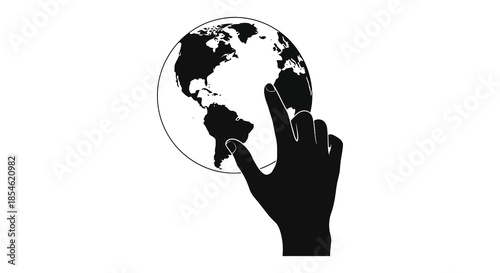 A hand gently touches a globe encased within a circular frame a striking silhouette