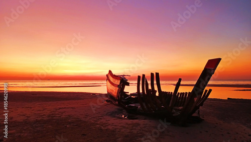 Sea sunset, ocean sunrise, tropical island beach landscape, calm peaceful relaxing, old fisherman boat silhouette, ship wreck, colorful sky, sun reflection on water, summer holidays, vacation travel