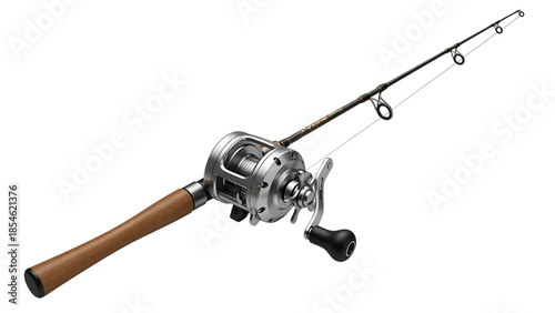 Fishing rod with spinning reel and line isolated on a transparent background fishing line wooden handle
