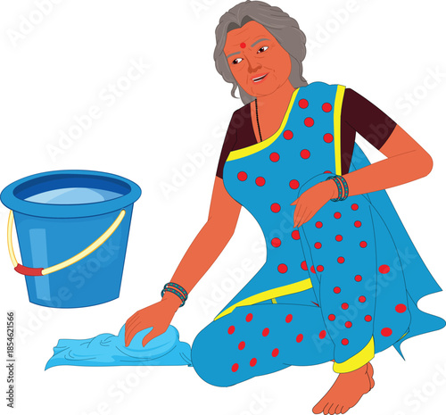 indian old woman cleaning floor illustration animation ready
