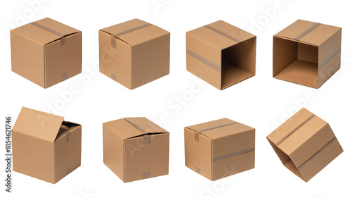 Eight brown cardboard boxes in various states on white background