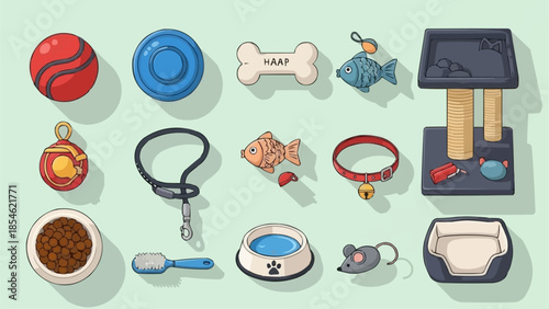 Collection of various pet accessories and toys for cats and dogs.