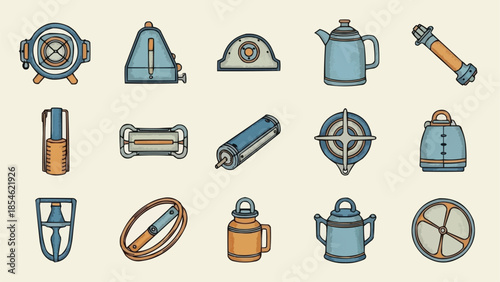 Collection of vintage camping equipment and tools illustration.