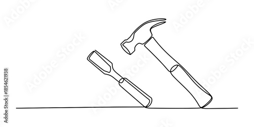 A continuous line art drawing illustrating a claw hammer and a wood chisel Vector, illustration
