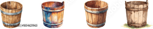 Watercolor set wooden bucket isolated on white background