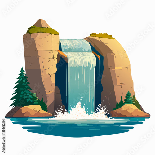 Wallpaper Mural Cartoon illustration of a waterfall cascading between rocky cliffs into a pool of water. Torontodigital.ca