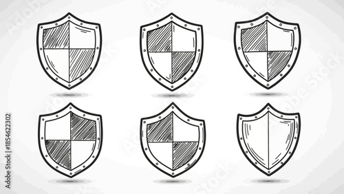 Hand drawn shield icon set in sketch style with six medieval shields and shadows