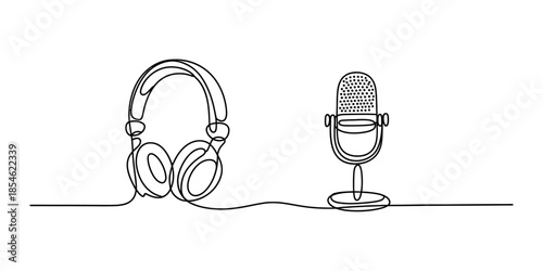A continuous line drawing of a retro microphone and headphones for audio recording Vector, illustration