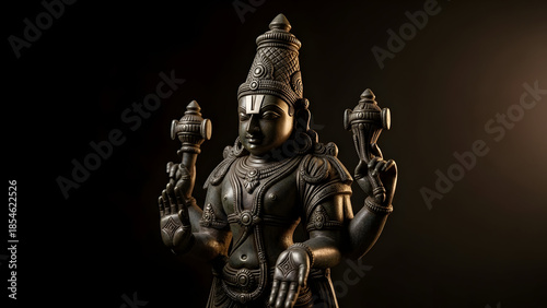 Fine-art style image inspired by the statue of Lord Venkateshwara, captured with dramatic side lighting to emphasize sacred symbolism, intricate details, and spiritual atmosphere