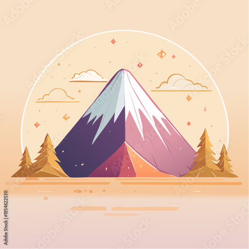 Wallpaper Mural Stylized illustration of a mountain with snow-capped peak, surrounded by trees and clouds, in a pastel color palette. Torontodigital.ca