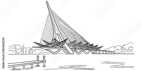 A striking architectural drawing of a modern cable-stayed bridge Vector, illustration