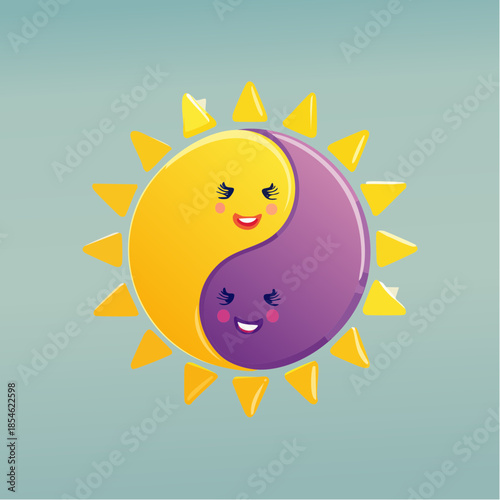 Cartoon sun and moon yin yang symbol with smiling faces on a blue background.