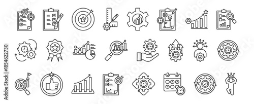 Key Performance Indicator icon set collection in outline style. Icon pack contain KPI, objective, accountability ,target,  measurement, optimization, strategy, performance, evaluation,  productivity, 