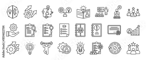 Training icon set collection in outline style. Icon pack contain training, learning, development,  skills, competency, education, workshop, coaching,mentoring,